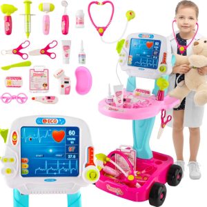 Interaktív orvosos játék kocsi szett hang-, és fényhatásokkal, rengeteg kiegészítővel - pink (BB-8245)