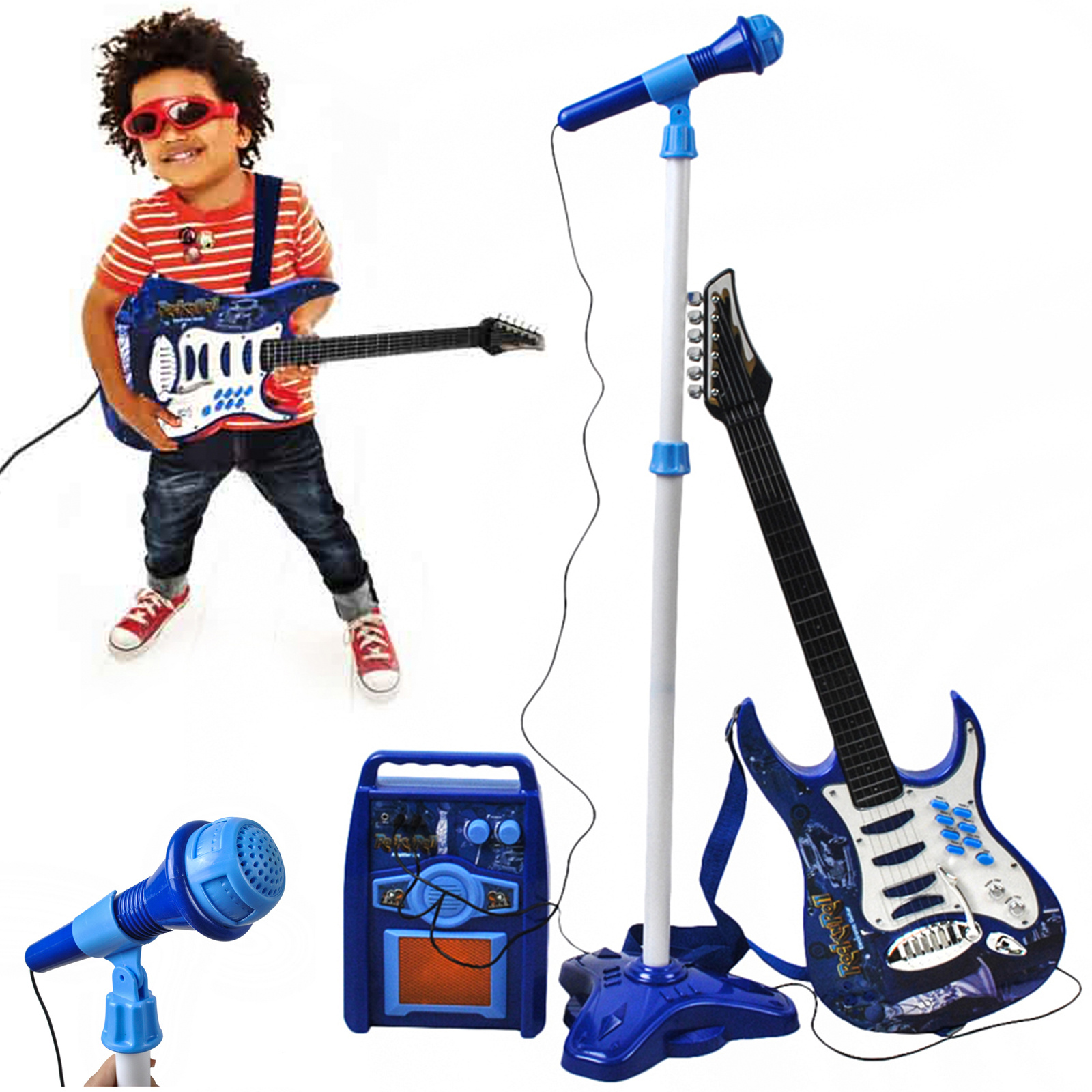 Rock’n’Roll gitár mikrofon+állvány erősítő készlet – kék 2