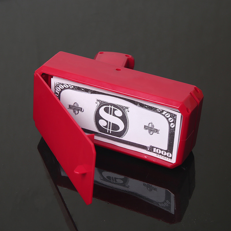 Money gun – piros színű elektromos pénzkilövő pisztoly 100 db játék bankjeggyel – esküvőre, bulira, fotózáshoz (BBV) (1)