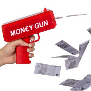 Money gun - piros színű elektromos pénzkilövő pisztoly 100 db játék bankjeggyel - esküvőre, bulira, fotózáshoz (BBJ)
