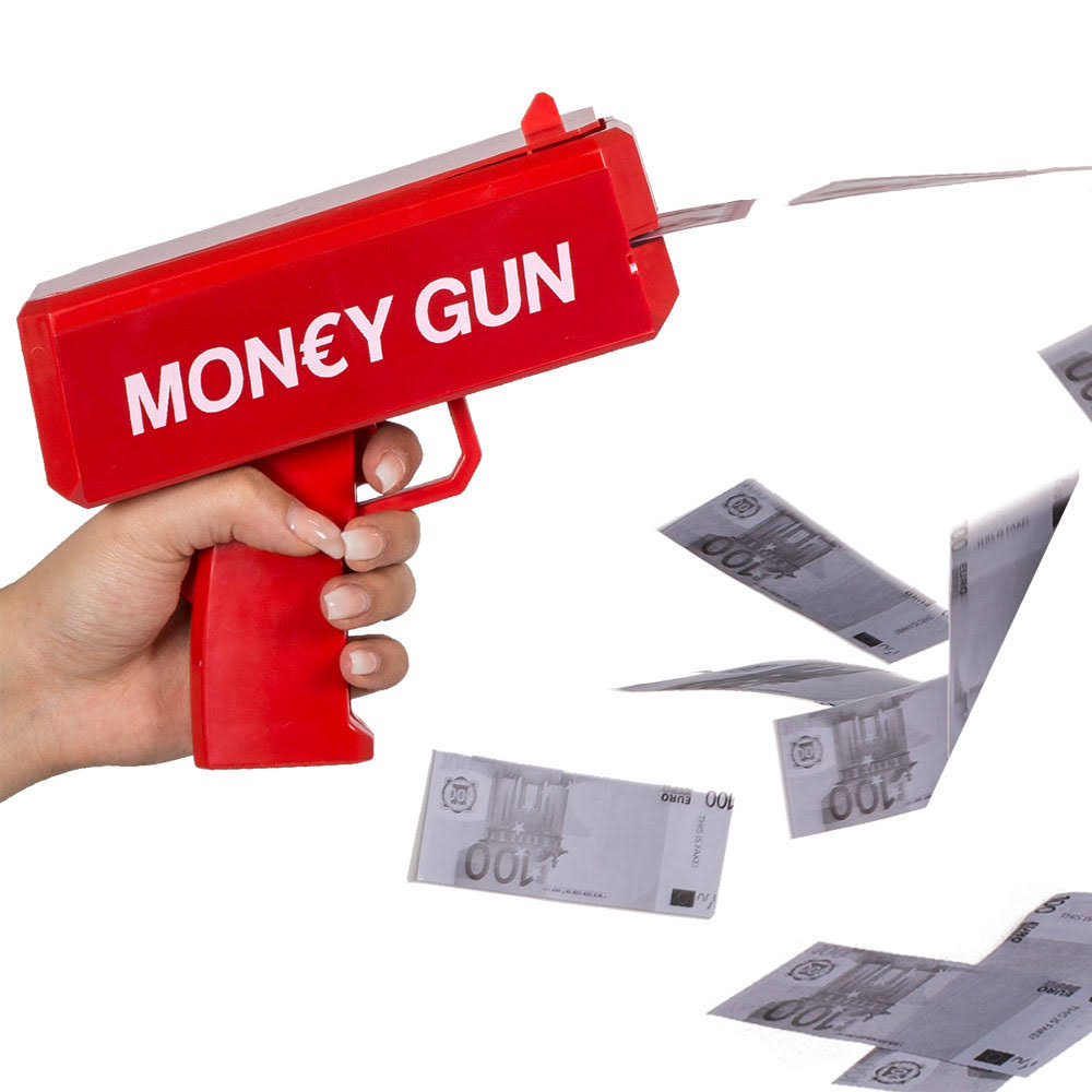 Money gun – piros színű elektromos pénzkilövő pisztoly 100 db játék bankjeggyel – esküvőre, bulira, fotózáshoz (BBV) (111)