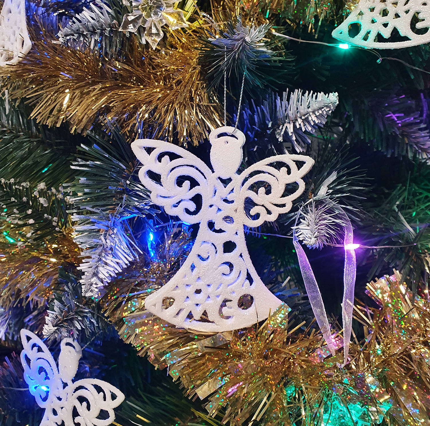 Műanyag karácsonyi fenyődísz, angyalka dekoráció – 3 db, fehér csillámos szín (BB-17240) (9)