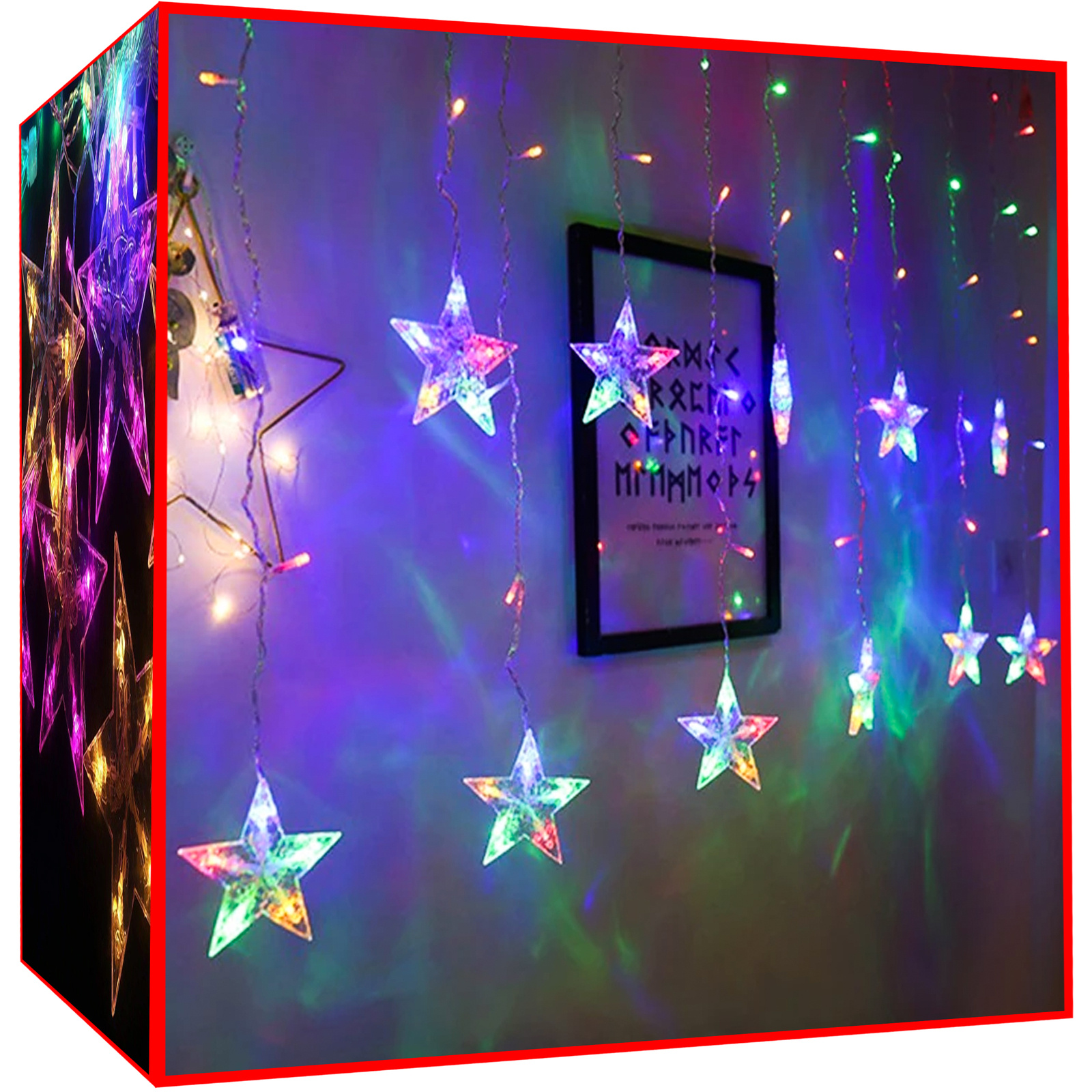 108 LED-es fényfüggöny csillagokkal kül-, és beltérre – 5,5 méter , színes (BB-11319) (2)