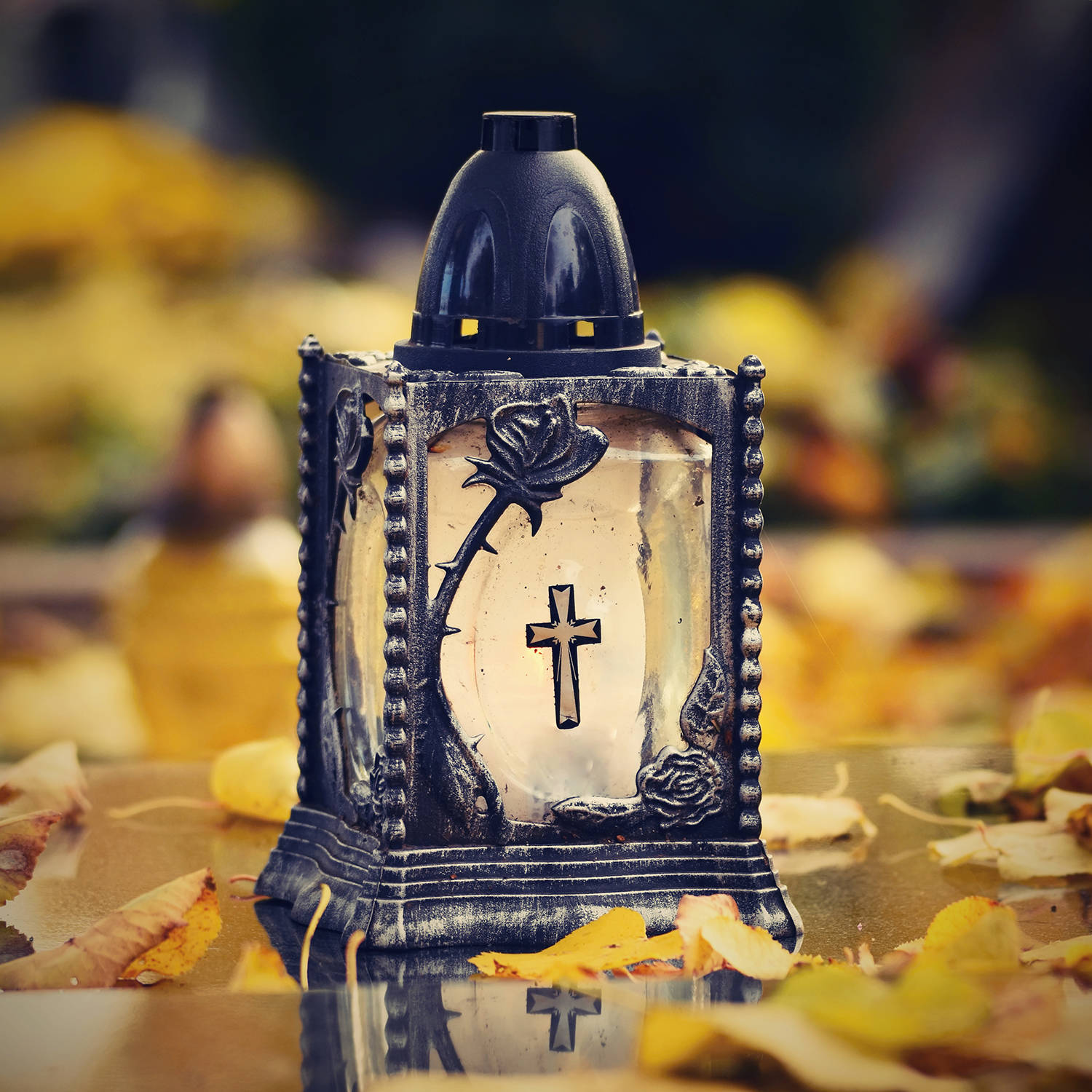 Beautiful autumn concept to the cemetery and Halloween. Candle i