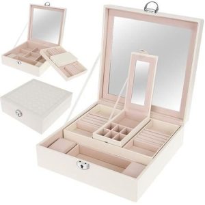 Elegáns, zárható ékszertartó doboz, ékszerrendező - 13 különböző rekesszel, fehér (BB-8895)