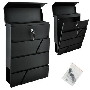 Fekete színű fém postaláda - modern designnal, újságtartóval és két kulccsal - 10 x 37 x 36,7 cm (BB-6238)