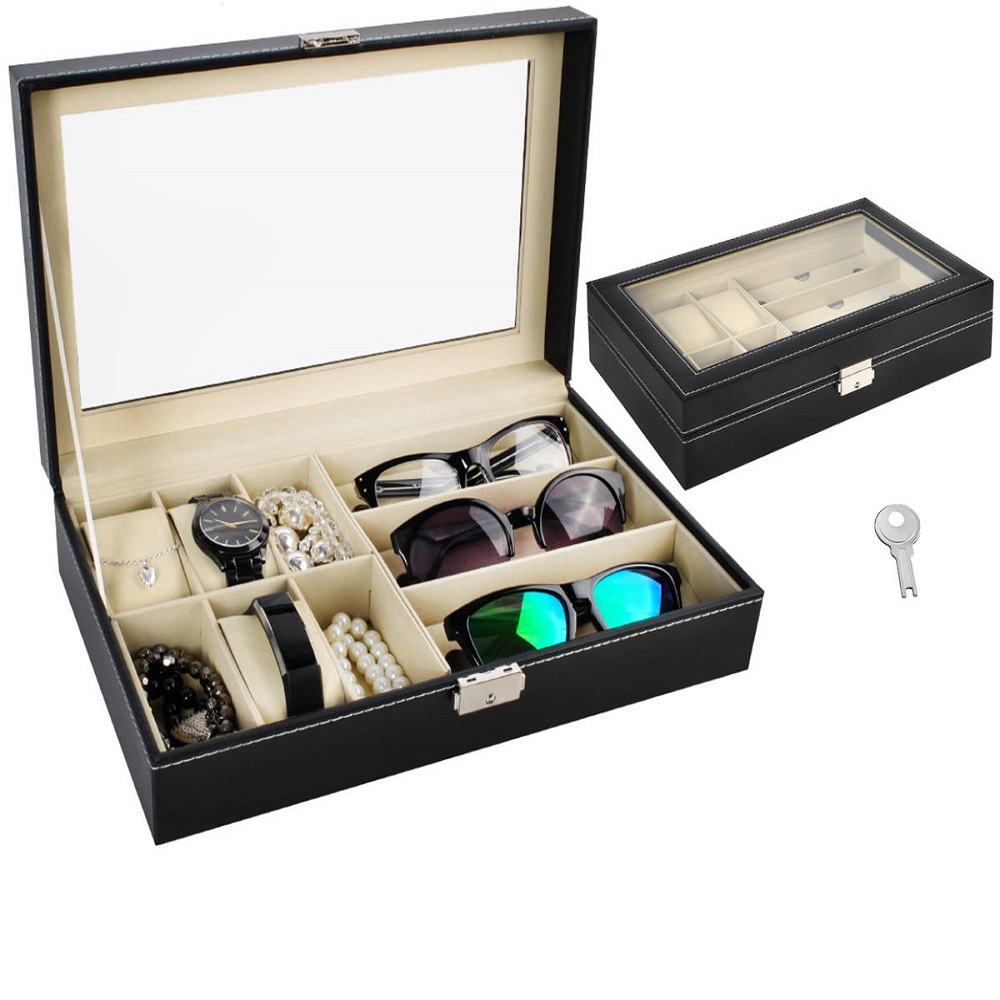 Zárható, elegáns ékszertartó doboz átlátszó fedéllel – szemüveg és karóra tartó – 9 rekesszel, fekete (BB-8497) (1)