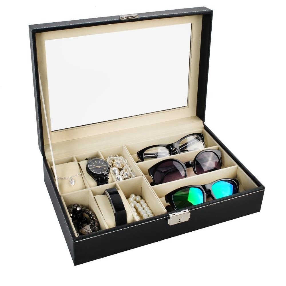 Zárható, elegáns ékszertartó doboz átlátszó fedéllel – szemüveg és karóra tartó – 9 rekesszel, fekete (BB-8497) (13)