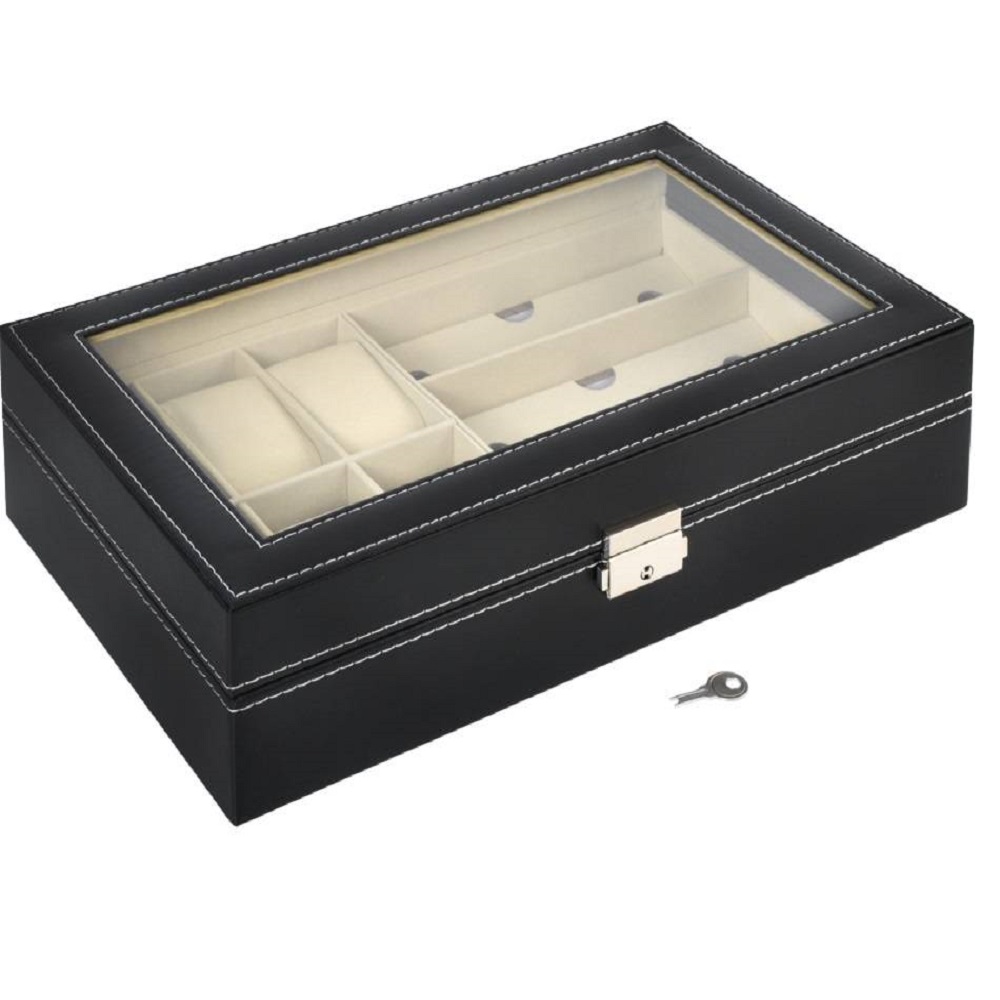 Zárható, elegáns ékszertartó doboz átlátszó fedéllel – szemüveg és karóra tartó – 9 rekesszel, fekete (BB-8497) (3)
