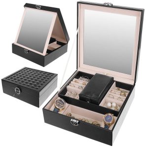 Elegáns, zárható ékszertartó doboz, ékszerrendező - 13 különböző rekesszel, fekete (BB-8896)