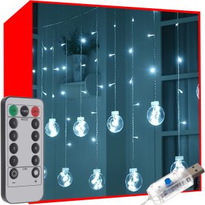 108 LED-es fényfüggöny gömbökkel, kül-, és beltérre egyaránt - 2,5 x 0,95 m, hideg fehér (BB-19770)