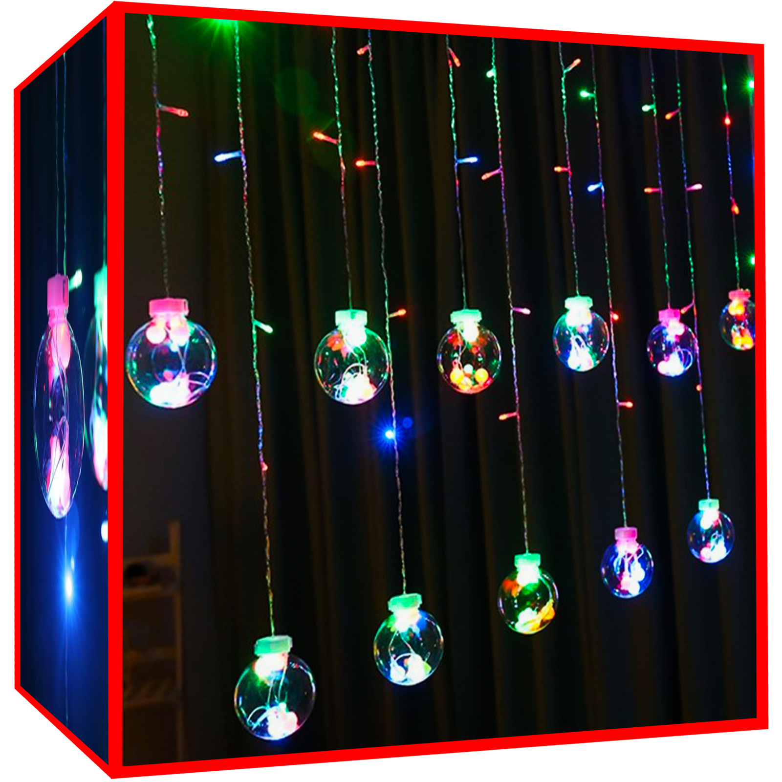 108 LED-es fényfüggöny gömbökkel, kül-, és beltérre egyaránt – 2,6 x 1 m, színes (BB-11345) (4)
