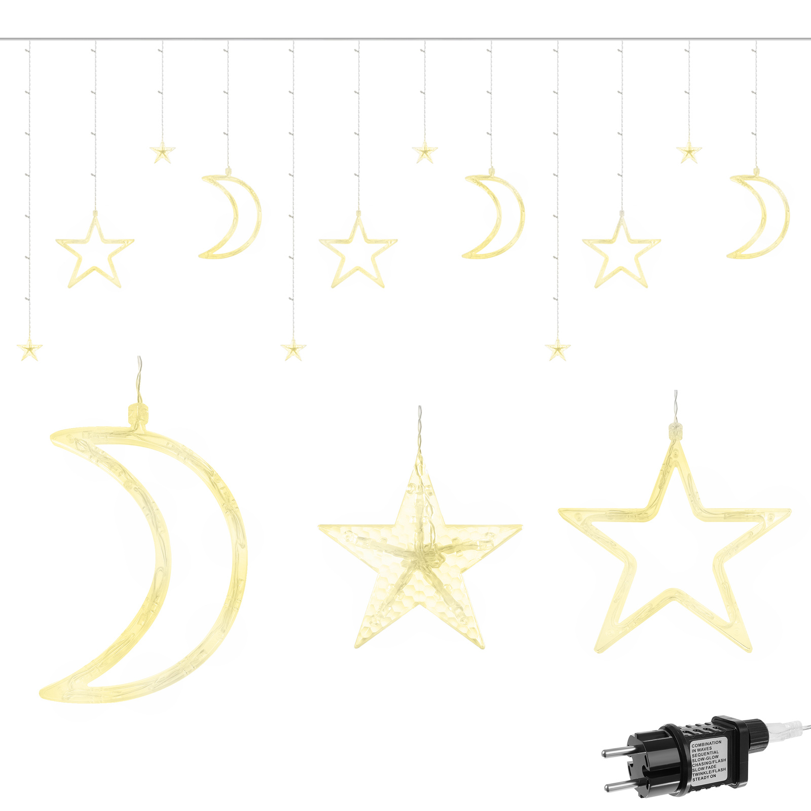 138 LED-es fényfüggöny csillagokkal és holdakkal, kül-, és beltérre egyaránt – 2,5 x 1,5 m, meleg fehér (BB-11329) (2)