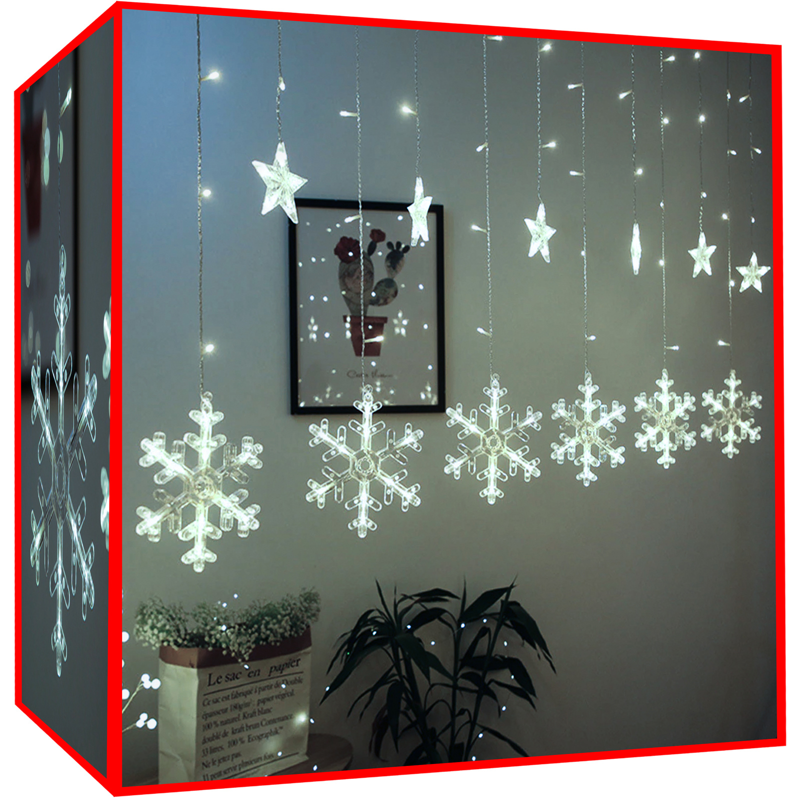 138 LED-es fényfüggöny csillagokkal és hópelyhekkel, kül-, és beltérre egyaránt – 2,5 x 1 m, hideg fehér (BB-11327) (1)