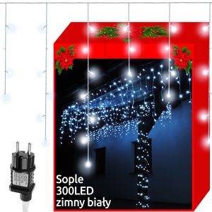 300 LED-es karácsonyi jégcsap fényfüggöny kül-, és beltérre - 12 méter, hideg fehér (BB-11520)