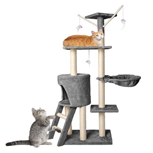 Macska mászóka kaparófával, fekvőhellyel, kuckóval és játék egerekkel – 138 x 55 cm, szürke (BB-7927) (7)