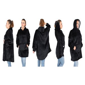 Meleg, plüss ultra könnyű kapucnis pulóver elülső zsebbel - XXL méret, fekete (BB-9388) - Image 3