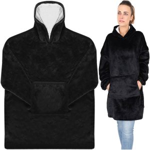 Meleg, plüss ultra könnyű kapucnis pulóver elülső zsebbel - XXL méret, fekete (BB-9388)
