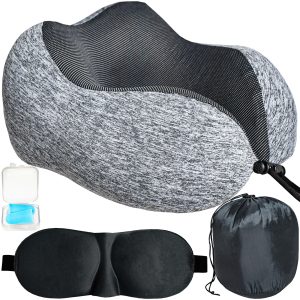 Memóriahabos nyakpárna/utazópárna - szemkötővel és füldugókkal - fekete-szürke (BB-10885)