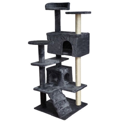 Több emeletes macska mászóka kaparófával, fekvőhelyekkel, kuckókkal – 120 cm, szürke (BB-1974) (12)