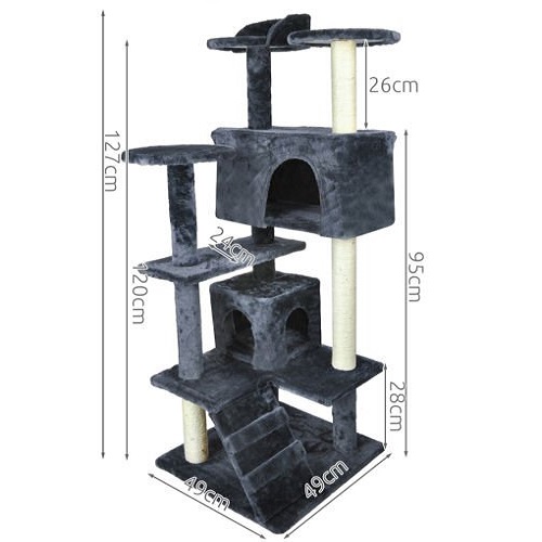 Több emeletes macska mászóka kaparófával, fekvőhelyekkel, kuckókkal – 120 cm, szürke (BB-1974) (8)