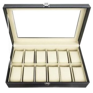 Zárható, elegáns óra-, és ékszertartó doboz átlátszó fedéllel - 12 rekesszel, fekete (BB-12534) - Image 11
