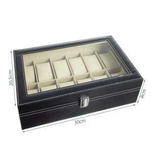 Zárható, elegáns óra-, és ékszertartó doboz átlátszó fedéllel - 12 rekesszel, fekete (BB-12534) - Image 7