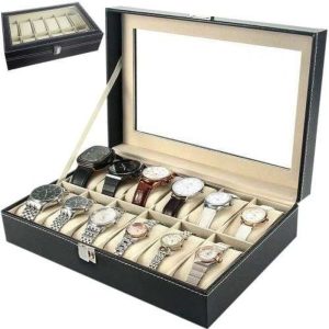 Zárható, elegáns óra-, és ékszertartó doboz átlátszó fedéllel - 12 rekesszel, fekete (BB-12534)