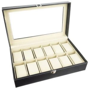 Zárható, elegáns óra-, és ékszertartó doboz átlátszó fedéllel - 12 rekesszel, fekete (BB-12534) - Image 6