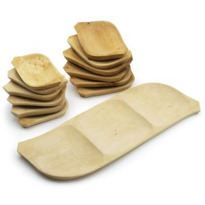 13 részes fatányér készlet - fából készült kínáló szett - 1 db 60 x 20 cm-es tál és 12 db tányér (BBE) (BBA)