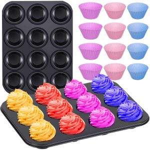 35 x 26,5 x 3cm-es, teflonos muffin sütő tepsi - 12 db színes, tapadásmentes szilikon muffin formával (BB-17212)