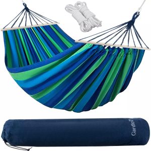 Csíkos, kétszemélyes függőágy tárolózsákban - könnyen felszerelhető nyugágy tartós, kopásálló anyagból - 260 x 160 cm (BB-21078)