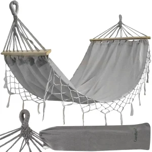 Nagyméretű, kényelmes kerti függőágy merevítőkkel és tárolózsákkal - 200x100cm, szürke (BB-21079)