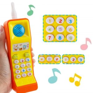 Zenélő, retro mobiltelefon alakú elemes játék babáknak gombokkal és hanghatásokkal (BBJ)