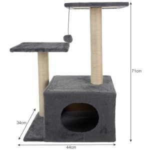 71 cm-es macska mászóka szizálrostból készült kaparófával, kuckóval és szőrös plüss labdával - szürke (BB-21712) - Image 6