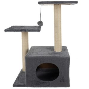 71 cm-es macska mászóka szizálrostból készült kaparófával, kuckóval és szőrös plüss labdával - szürke (BB-21712) - Image 8