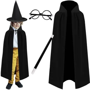4 részes Harry Potter jelmez - kerek szemüveggel, köpennyel, süveggel és varázspálcával (BB-19555)