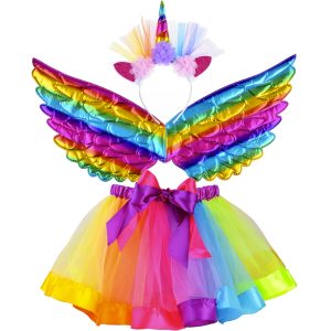 Szivárvány színű unikornis jelmez csillógó szárnyakkal, szoknyával és fejdísszel - 23-46cm-es derékbőség (BB-22962)