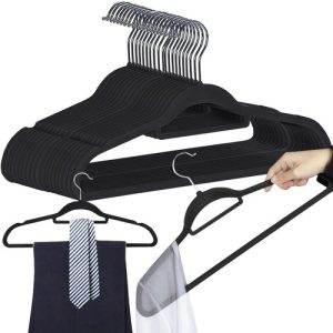 Velúr ruhaakasztó fogas kiegészítő tartóval - fekete, 20 db-os készlet (BB-22536)