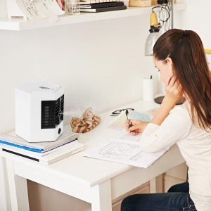 Mini hordozható USB asztali léghűtő, légkondicionáló ventilátor jégdobozzal - 2 sebességgel és fogantyúval (BBV) - Image 2