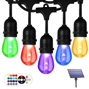 RGB 10 méteres vízálló napelemes fényfüzér világítás 10-db E27 izzóval és távirányítóval (THM)