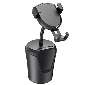 BX-8 vezeték nélküli autós gyorstöltő telefontartó – pohártartóba helyezhető, 360°-ban állítható, USB-C és két USB kimenettel (BBV)
