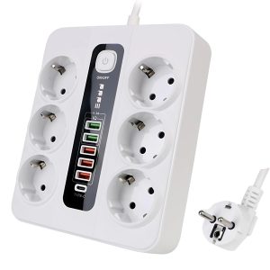 3000W elosztó 5 USB porttal és 1 C csatlakozóval – 10A, fehér színben, hő- és tűzálló kivitelezéssel (BBV)
