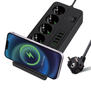 3000W-os hosszabbító 4 USB csatlakozóval és vezeték nélküli töltővel – 3 méter (THM)