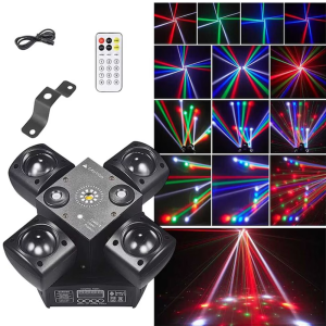 4 karos lézer-LED diszkófény mozgófejes effektekkel – stroboszkóp, hangvezérlés és távirányító-48W (BBD)