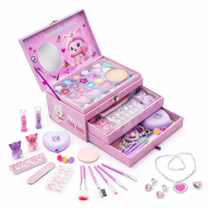 PrincessGlow Beauty Studio gyerek sminkkészlet – többfiókos kozmetikai sminkdoboz tükörrel kislányoknak (BBJ)