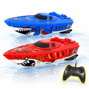 Shark Racer távirányítós RC hajó – cápa mintás elemes vízi versenyjáték, piros-kék (BBE)(BBMJ)