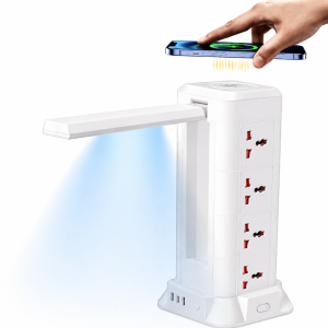 Többfunkciós LED asztali lámpa elosztóval, USB töltővel és vezeték nélküli telefontöltővel (BBD)